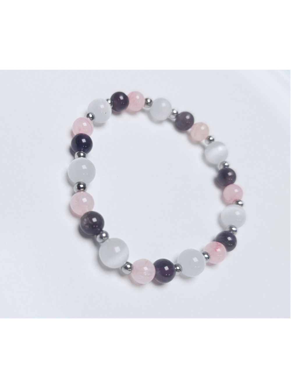 Rose Quartz Amethyst Selenite Gemstone Bracelet 7 Inch
